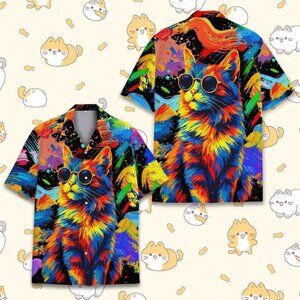 Colorful Cat Hawaiian Shirt Men Women Youth, Trippy Sunglasses Cat Aloha Shirt